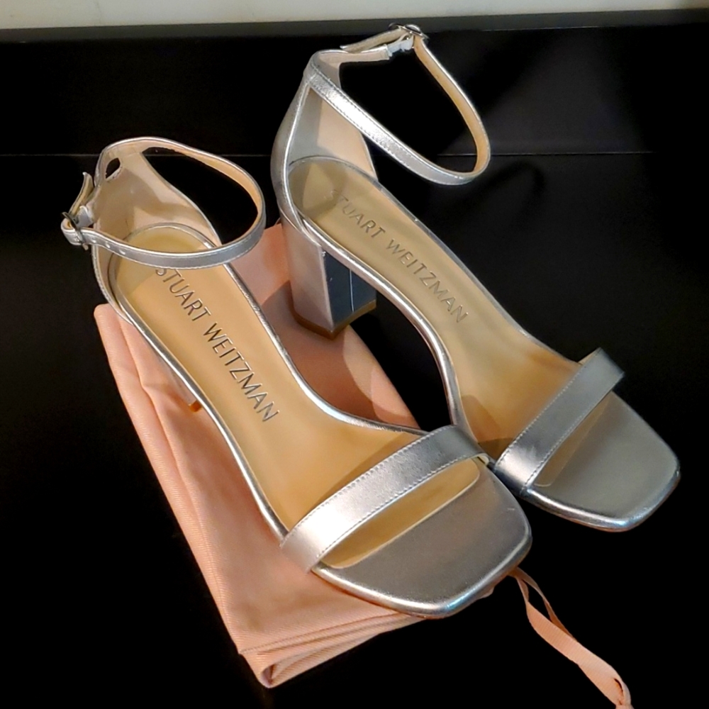Stuart Weitzman Amelina Silver Block Heels
